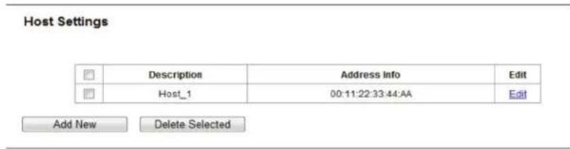 Host Settings Description Address Info Edit Host_1 00:11:22:33:44:AA Edit Add New Delete Selected