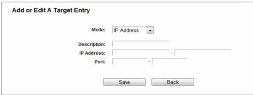 Add or Edit A Target Entry Mode: IP Address Description: IP Address: - Port: Save Back