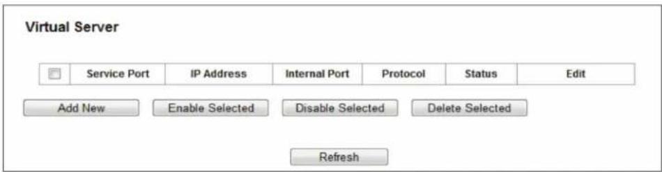 Virtual Server Service Port IP Address Internal Port Protocol Status Edit Add New Enable Selected Disable Selected Delete Selected Refresh