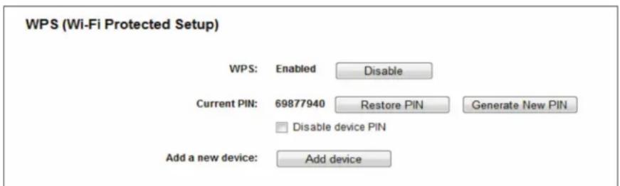 WPS (Wi-Fi Protected Setup) WPS: Enabled Disable Current PIN: 69877940 Restore PIN Generate New PIN Disable device PIN Add a new device: Add device