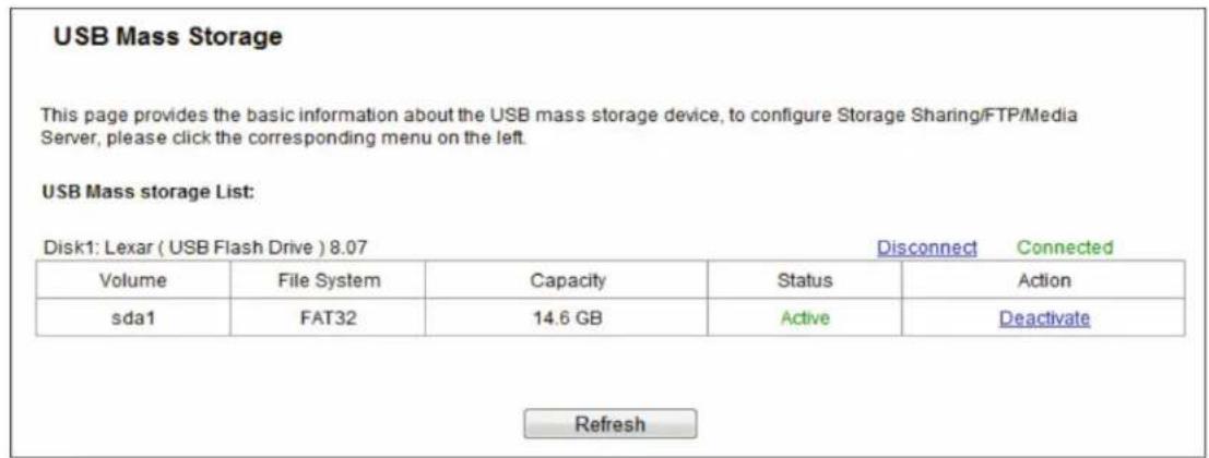 USB Mass Storage This page provides the basic information about the USB mass storage device, to configure Storage Sharing/FTP/Media Server, please click the corresponding menu on the left. USB Mass storage List: Disk1: Lexar ( USB Flash Drive ) 8.07 Volume File System Capacity Status Disconnected Connected sda1 FAT32 14.6 GB Active Deactivate Refresh