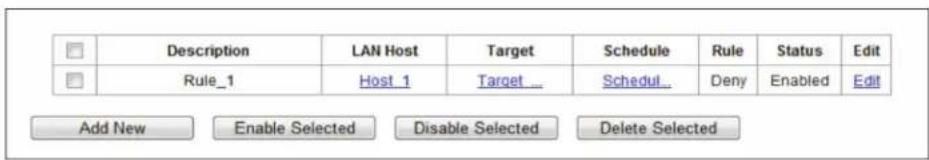 Description LAN Host Target Schedule Rule Status Edit Rule_1 Host 1 Target Schedul Deny Enabled Edit Add New Enable Selected Disable Selected Delete Selected
