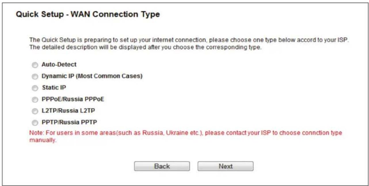 Quick Setup - WAN Connection Type The Quick Setup is preparing to set up your internet connection, please choose one type below accord to your ISP. The detailed description will be displayed after you choose the corresponding type. ○ Auto-Detect ○ Dynamic IP (Most Common Cases) ○ Static IP ○ PPPoE/Russia PPPoE ○ L2TP/Russia L2TP ○ PPTP/Russia PPTP Note: For users in some areas(such as Russia, Ukraine etc.), please contact your ISP to choose connection type manually. Back Next