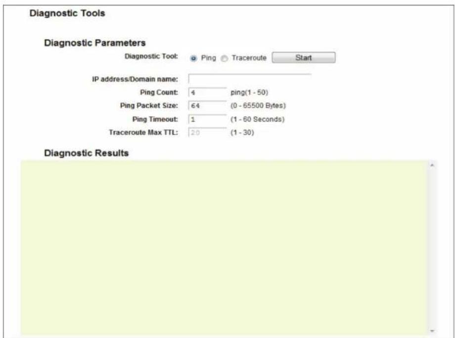 Diagnostic Tools Diagnostic Parameters Diagnostic Tool: Ping Traceroute Start IP address/Domain name: Ping Count: 4 ping(1 - 50) Ping Packet Size: 64 (0 - 65500 Bytes) Ping Timeout: 1 (1 - 60 Seconds) Traceroute Max TTL: 20 (1 - 30) Diagnostic Results