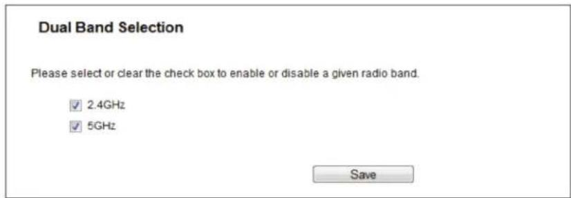 Dual Band Selection Please select or clear the check box to enable or disable a given radio band. ✓ 2.4GHz ✓ 5GHz Save