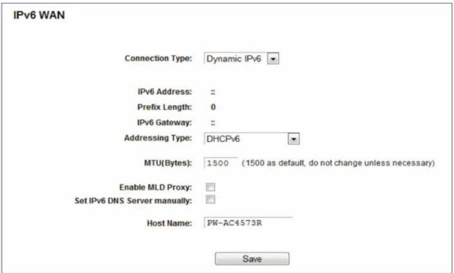 IPv6 WAN Connection Type: Dynamic IPv6 IPv6 Address: :: Prefix Length: 0 IPv6 Gateway: :: Addressing Type: DHCPv6 MTU(Bytes): 1500 (1500 as default, do not change unless necessary) Enable MLD Proxy: Set IPv6 DNS Server manually: Host Name: PW-AC4573R Save