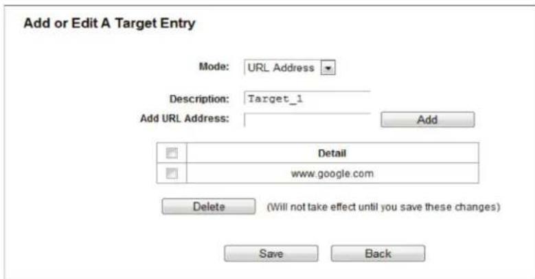 Add or Edit A Target Entry Mode: URL Address Description: Target_1 Add URL Address: Add Detail www.google.com Delete (Will not take effect until you save these changes) Save Back
