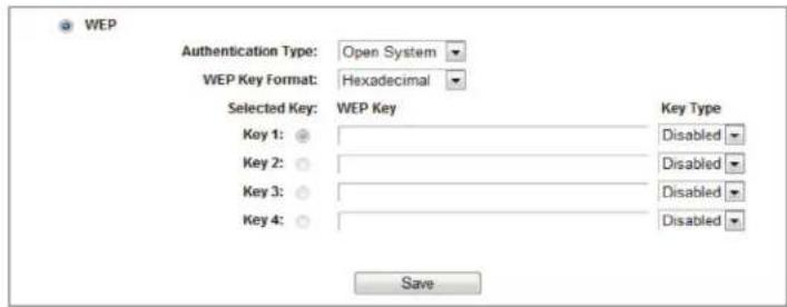 WEP Authentication Type: Open System WEP Key Format: Hexadecimal Selected Key: WEP Key Key 1: Key 2: Key 3: Key 4: Key Type Disabled Disabled Disabled Disabled Save