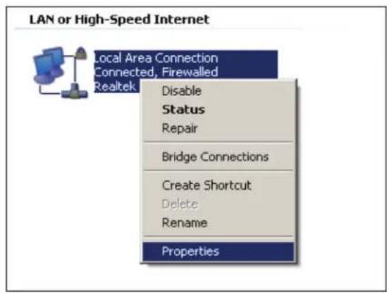 LAN or High-Speed Internet Local Area Connection Connected, Firewalled Realtek Disable Status Repair Bridge Connections Create Shortcut Delete Rename Properties