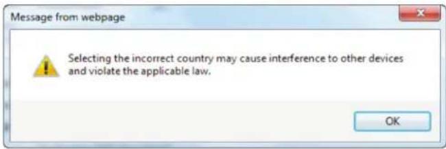 Message from webpage Selecting the incorrect country may cause interference to other devices and violate the applicable law. OK