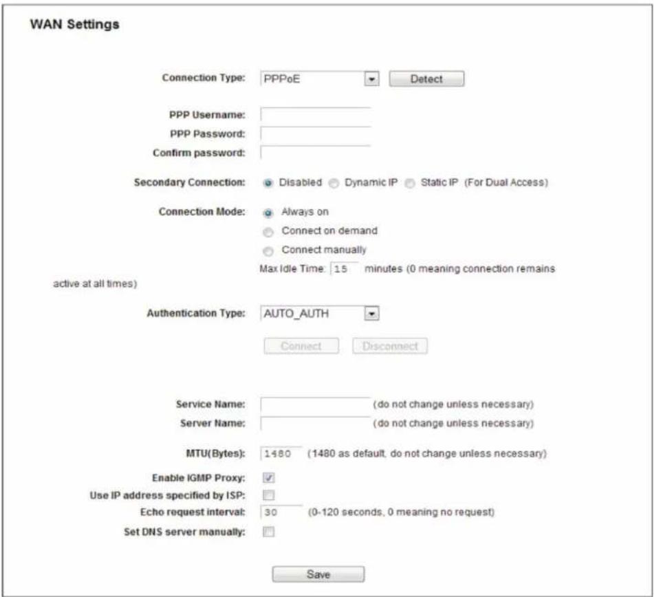WAN Settings Connection Type: PPPoE Detect PPP Username: PPP Password: Confirm password: Secondary Connection: Disabled Dynamic IP Static IP (For Dual Access) Connection Mode: Always on Connect on demand Connect manually Max Idle Time: 15 minutes (0 meaning connection remains active at all times) Authentication Type: AUTO_AUTH Connect Disconnect Service Name: (do not change unless necessary) Server Name: (do not change unless necessary) MTU(Bytes): 1480 (1480 as default, do not change unless necessary) Enable IGMP Proxy: ✓ Use IP address specified by ISP: Echo request interval: 30 (0-120 seconds, 0 meaning no request) Set DNS server manually: Save