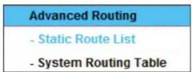 Advanced Routing - Static Route List - System Routing Table