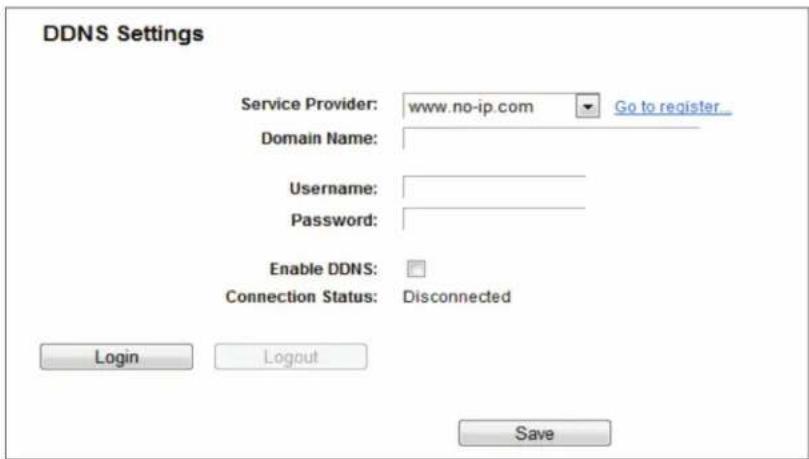 DDNS Settings Service Provider: www.no-ip.com Go to register_ Domain Name: Username: Password: Enable DDNS: Connection Status: Disconnected Login Logout Save