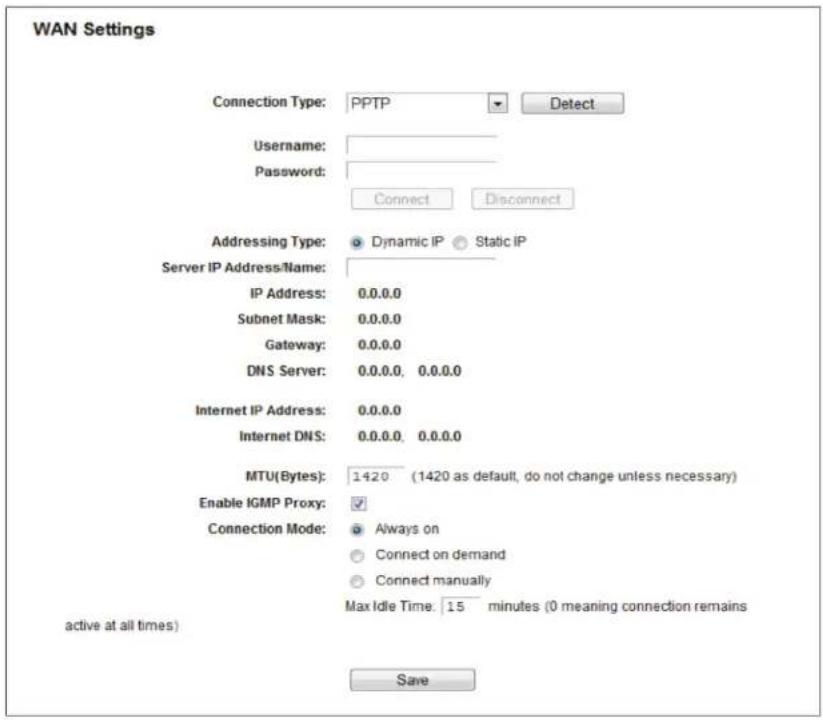 WAN Settings Connection Type: PPTP Detect Username: Password: Connect Disconnect Addressing Type: Dynamic IP Static IP Server IP Address/Name: IP Address: 0.0.0.0 Subnet Mask: 0.0.0.0 Gateway: 0.0.0.0 DNS Server: 0.0.0.0, 0.0.0.0 Internet IP Address: 0.0.0.0 Internet DNS: 0.0.0.0, 0.0.0.0 MTU(Bytes): 1420 (1420 as default, do not change unless necessary) Enable IGMP Proxy: Connection Mode: Always on Connect on demand Connect manually Max Idle Time: 15 minutes (0 meaning connection remains active at all times) Save