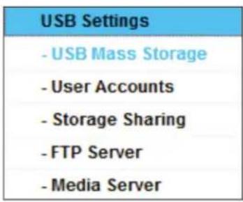 USB Settings - USB Mass Storage - User Accounts - Storage Sharing - FTP Server - Media Server