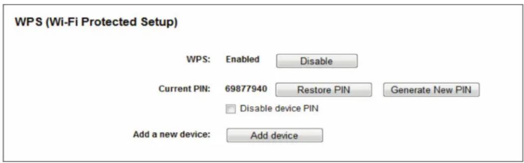 WPS (Wi-Fi Protected Setup) WPS: Enabled Disable Current PIN: 69877940 Restore PIN Generate New PIN Disable device PIN Add a new device: Add device