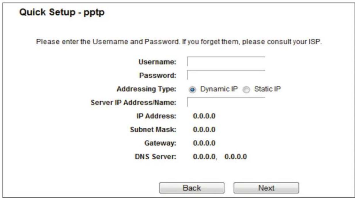 Quick Setup - pptp Please enter the Username and Password. If you forget them, please consult your ISP. Username: Password: Addressing Type: Dynamic IP Static IP Server IP Address/Name: IP Address: 0.0.0.0 Subnet Mask: 0.0.0.0 Gateway: 0.0.0.0 DNS Server: 0.0.0.0, 0.0.0.0 Back Next