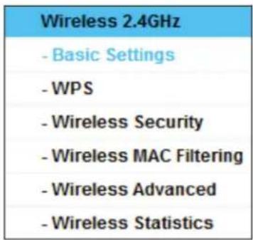 Wireless 2.4GHz - Basic Settings - WPS - Wireless Security - Wireless MAC Filtering - Wireless Advanced - Wireless Statistics