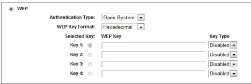 WEP Authentication Type: Open System WEP Key Format: Hexadecimal Selected Key: WEP Key Key Type Key 1: Disabled Key 2: Disabled Key 3: Disabled Key 4: Disabled
