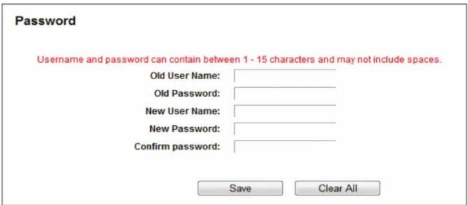Password Username and password can contain between 1 - 15 characters and may not include spaces. Old User Name: Old Password: New User Name: New Password: Confirm password: Save Clear All