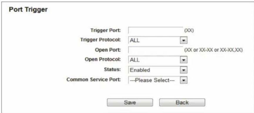 Port Trigger Trigger Port: (XX) Trigger Protocol: ALL Open Port: (XX or XX-XX or XX-XX,XX) Open Protocol: ALL Status: Enabled Common Service Port: --Please Select-- Save Back