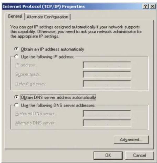 Internet Protocol (TCP/IP) Properties General | Alternate Configuration | You can get IP settings assigned automatically if your network supports this capability. Otherwise, you need to ask your network administrator for the appropriate IP settings. Obtain an IP address automatically Use the following IP address: IP address: Subnet mask: Default gateway: Obtain DNS server address automatically Use the following DNS server addresses: Preferred DNS server: Alternate DNS server: Advanced... OK Cancel
