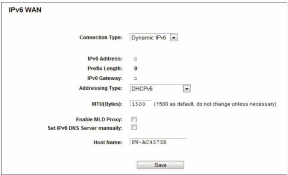 IPv6 WAN Connection Type: Dynamic IPv6 IPv6 Address: :: Prefix Length: 0 IPv6 Gateway: :: Addressing Type: DHCPv6 MTU(Bytes): 1500 (1500 as default, do not change unless necessary) Enable MLD Proxy: Set IPv6 DNS Server manually: Host Name: PW-AC4573R Save
