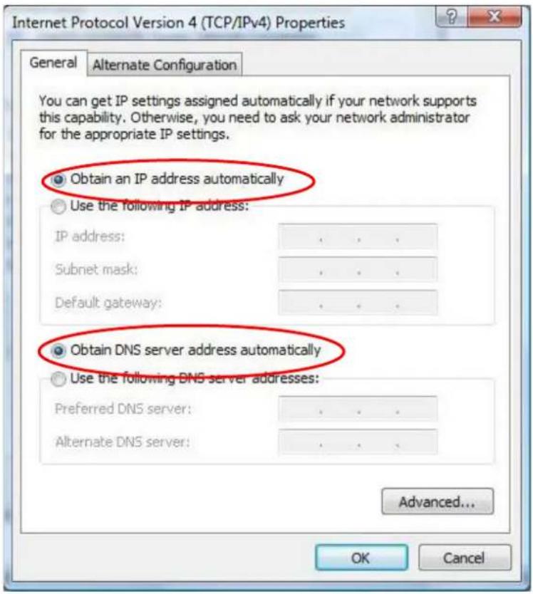 Internet Protocol Version 4 (TCP/IPv4) Properties General Alternate Configuration You can get IP settings assigned automatically if your network supports this capability. Otherwise, you need to ask your network administrator for the appropriate IP settings. Obtain an IP address automatically Use the following IP address: IP address: . Subnet mask: . Default gateway: . Obtain DNS server address automatically Use the following DNS server addresses: Preferred DNS server: . Alternate DNS server: . Advanced... OK Cancel
