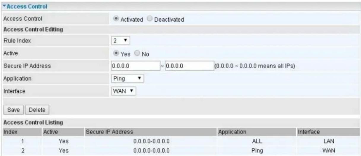 Access Control Access Control Activated Deactivated Access Control Editing Rule Index 2 ▼ Active Yes No Secure IP Address 0.0.0.0 ~ 0.0.0.0 (0.0.0.0 ~ 0.0.0.0 means all IPs) Application Ping ▼ Interface WAN ▼ Save Delete Access Control Listing Index Active Secure IP Address Application Interface 1 Yes 0.0.0.0-0.0.0.0 ALL LAN 2 Yes 0.0.0.0-0.0.0.0 Ping WAN