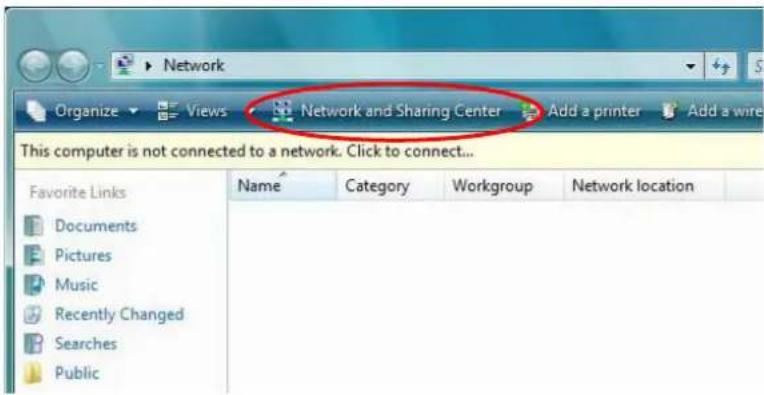 Network Organize Views Network and Sharing Center Add a printer Add a wire This computer is not connected to a network. Click to connect... Favorite Links Name Category Workgroup Network location Documents Pictures Music Recently Changed Searches Public