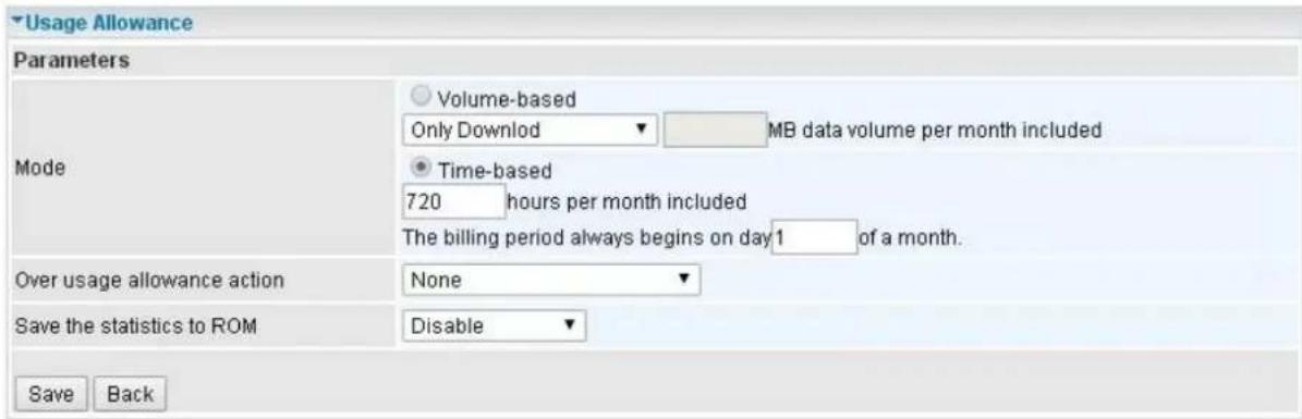 Usage Allowance Parameters Volume-based Only Downlod MB data volume per month included Mode Time-based 720 hours per month included The billing period always begins on day 1 of a month. Over usage allowance action None Save the statistics to ROM Disable Save Back