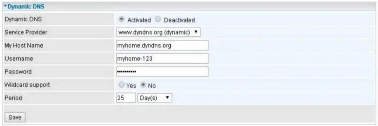 Dynamic DNS Dynamic DNS ● Activated ○ Deactivated Service Provider www.dyndns.org (dynamic) My Host Name=myhome.dyndns.org Username=myhome-123 Password Wildcard support ○ Yes ● No Period 25 Day(s) Save