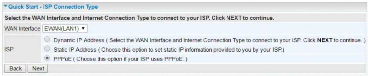Quick Start - ISP Connection Type Select the WAN Interface and Internet Connection Type to connect to your ISP. Click NEXT to continue. WAN Interface EWAN(LAN1) ISP Dynamic IP Address ( Select the WAN Interface and Internet Connection Type to connect to your ISP. Click NEXT to continue. ) Static IP Address ( Choose this option to set static IP information provided to you by your ISP.) PPPoE ( Choose this option if your ISP uses PPPoE. ) Back Next