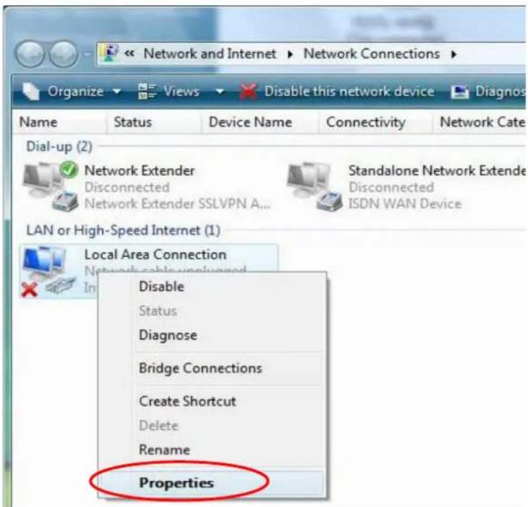 Network and Internet ▶ Network Connections ▶ Organize ▶ Views ▶ Disable this network device ▶ Diagnos Name Status Device Name Connectivity Network Cate Dial-up (2) Network Extender Disconnected Network Extender SSLVPN A... Standalone Network Extende Disconnected ISDN WAN Device LAN or High-Speed Internet (1) Local Area Connection Network cable unplanned Disable Status Diagnose Bridge Connections Create Shortcut Delete Rename Properties