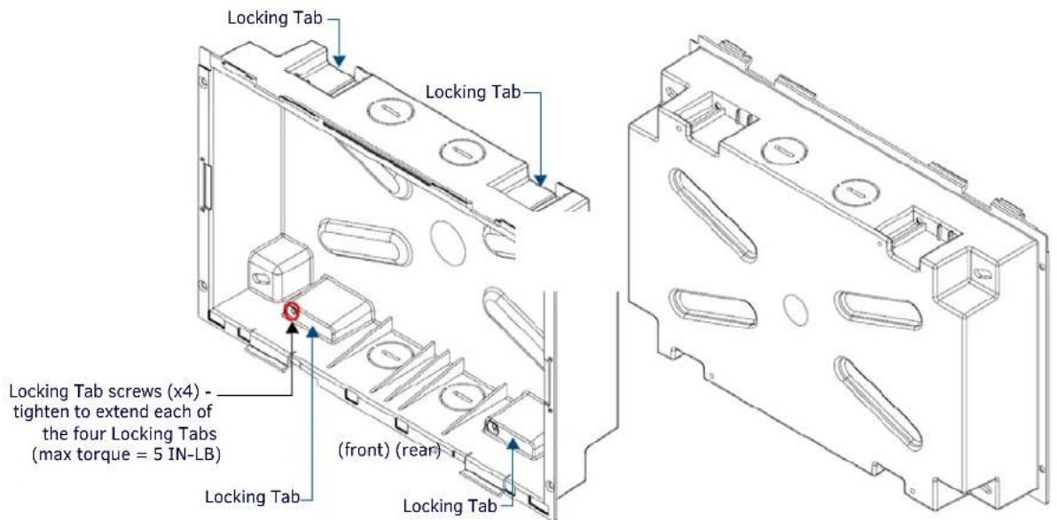 Locking Tab Locking Tab Locking Tab screws (x4) - tighten to extend each of the four Locking Tabs (max torque = 5 IN-LB) (front) (rear) Locking Tab Locking Tab