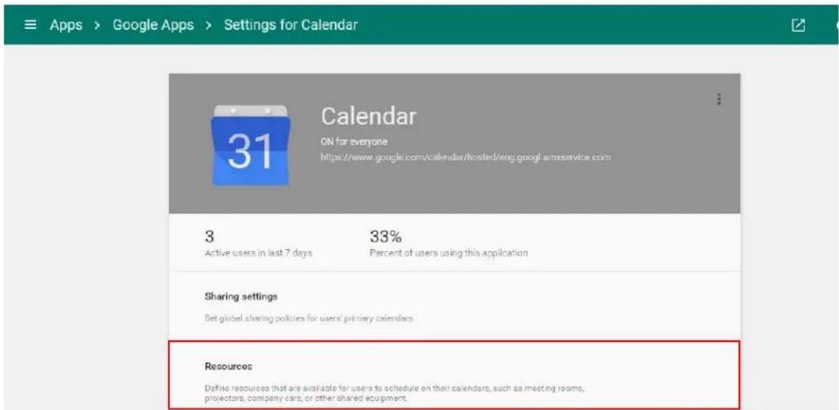 Apps > Google Apps > Settings for Calendar 31 Calendar ON for everyone https://www.google.com/calendar/bioster/eng.googl.ameservice.com 3 Active users in last 7 days 33% Percent of users using this application Sharing settings Set global sharing policies for users' primary calendars. Resources Define resources that are available for users to schedule on their calendars, such as meeting rooms, projectors, company cars, or other shared equipment.