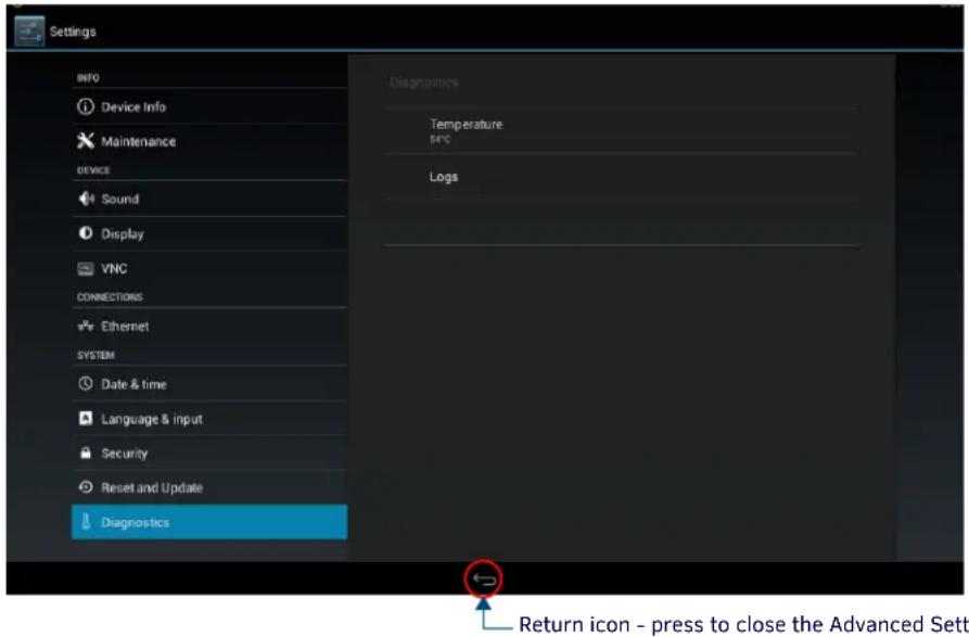 Settings INFO Device Info Maintenance DEVICE Sound Display VNC CONNECTIONS Ethernet SYSTEM Date & time Language & input Security Reset and Update Diagnostics Diagnetics Temperature 50°C Logs Return icon - press to close the Advanced Sett