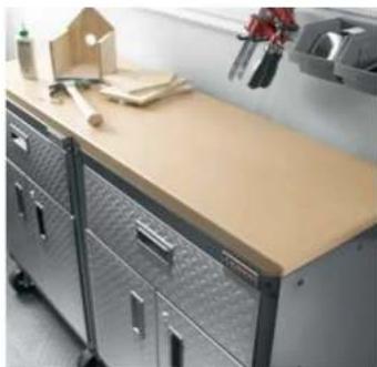 Laboratory bench with metal workbenches and a wooden counter, no visible text or symbols