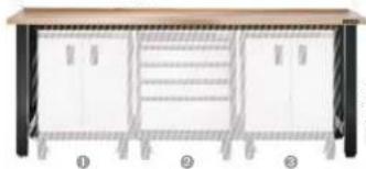 Diagram of a cabinet with three white cabinets and a wooden shelf, labeled ①, ②, ③ (no text or symbols on the cabinet itself)