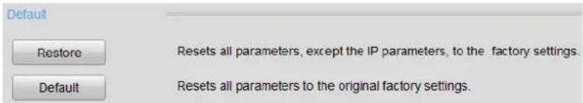 Default Restore Resets all parameters, except the IP parameters, to the factory settings. Default Resets all parameters to the original factory settings.