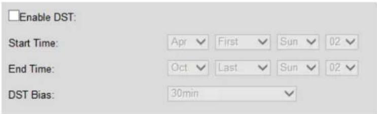 Enable DST: Start Time: Apr First Sun 02 End Time: Oct Last Sun 02 DST Bias: 30min
