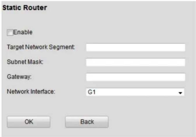 Static Router Enable Target Network Segment: Subnet Mask: Gateway: Network Interface: G1 OK Back