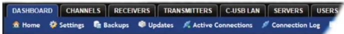 DASHBOARD CHANNELS RECEIVERS TRANSMITTERS C-USB LAN SERVERS USERS Home Settings Backups Updates Active Connections Connection Log
