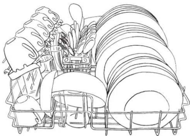 Line drawing of various kitchen utensils and dishes arranged in a grid (no text or symbols)