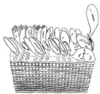 Line drawing of a woven basket filled with sliced vegetables and a spoon (no text or symbols)