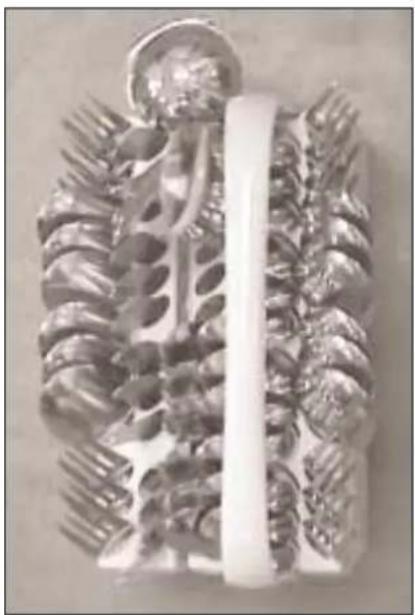 Close-up of a decorative object with leaf patterns and a vertical white stripe (no text or symbols visible)
