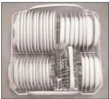 Open plastic container filled with coiled white plastic sheets, no visible text or symbols