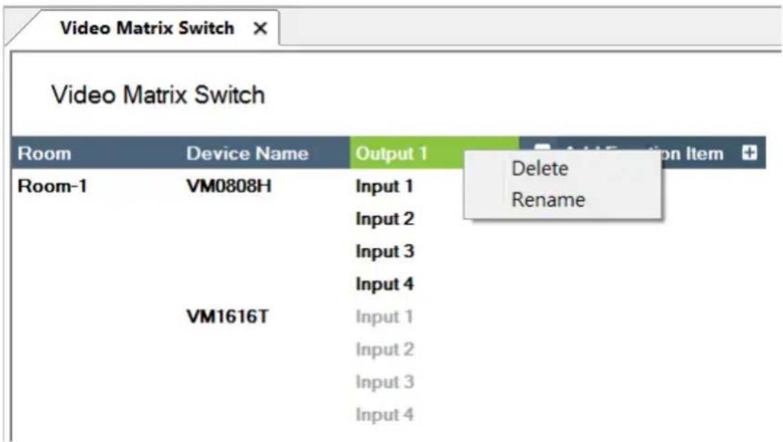 Video Matrix Switch Video Matrix Switch Room Device Name Output 1 Add Definition Item + Room-1 VM0808H Input 1 Delete Input 2 Rename Input 3 Input 4 VM1616T Input 1 Input 2 Input 3 Input 4