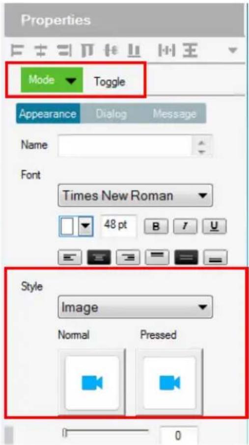 Properties Mode Toggle Appearance Dialog Message Name Font Times New Roman 48 pt B I U Style Image Normal Pressed 0