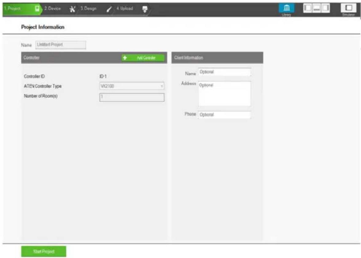 Project Information Name Untitled Project Controller Add Correct Controller ID ID-1 ATEN Controller Type VK2100 Number of Room(s) 1 Client Information Name Optional Address Optional Phone Optional Start Project